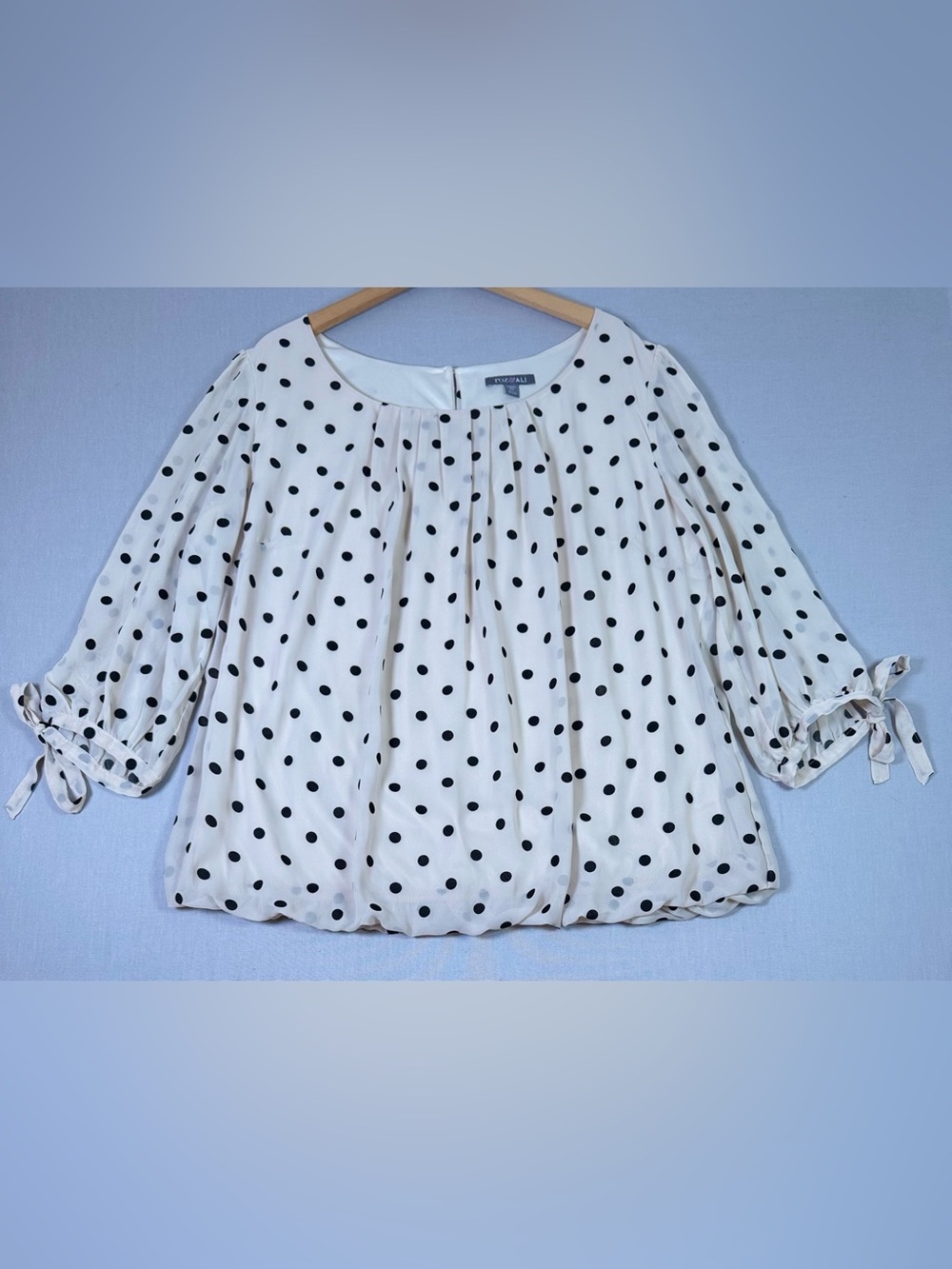 Roz & Ali Polka Dot Tie Sleeve Blouse Ivory Black Plus Size 2X